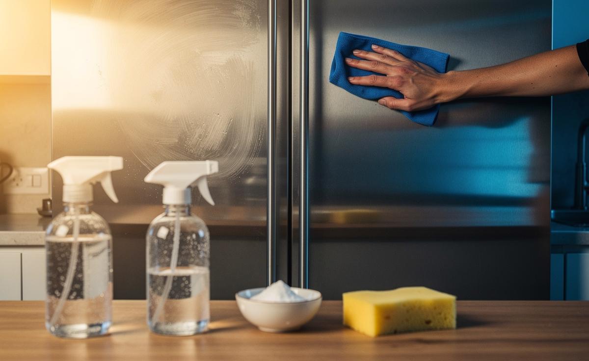 Illustration of using vinegar and baking soda with a microfibre cloth to polish a stainless steel fridge door