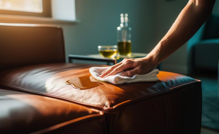 Illustration of a person conditioning a pigmented leather sofa by applying a thin layer of olive oil with a microfiber cloth