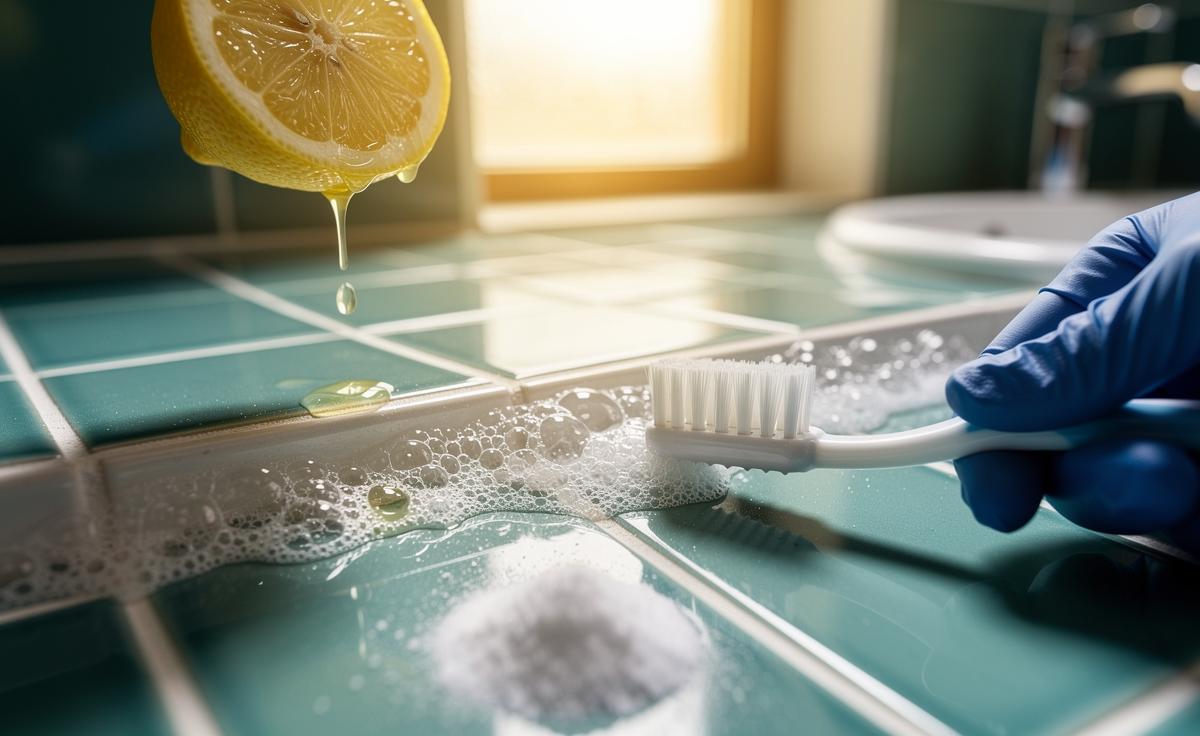 Illustration of baking soda and lemon applied to bathroom tile grout, fizzing as acidity lifts mineral stains during gentle toothbrush scrubbing.