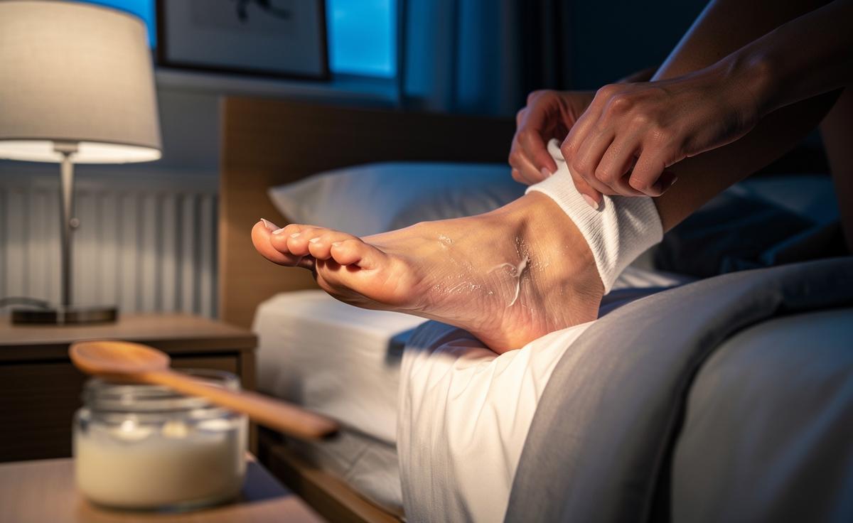 Illustration of the coconut oil overnight hydration method for silky soft feet, showing hands applying coconut oil to heels and cotton socks being put on before bed
