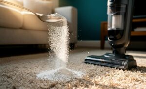 Illustration of cornstarch powder being sprinkled onto a carpet to absorb and neutralise odours before vacuuming