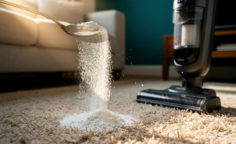 Illustration of cornstarch powder being sprinkled onto a carpet to absorb and neutralise odours before vacuuming