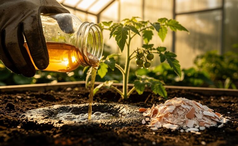 Illustration of an eggshell-based calcium elixir prepared with vinegar and applied as a root drench to tomato plants to fortify roots