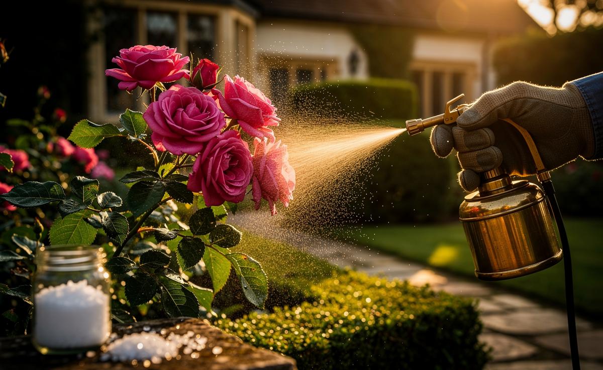 Illustration of applying Epsom salt (magnesium sulfate) solution to rose bushes to boost blooms