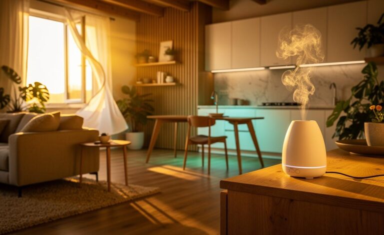 Illustration of an essential oil diffuser emitting aromatic mist in a calm living room, representing scent zoning to balance home energy