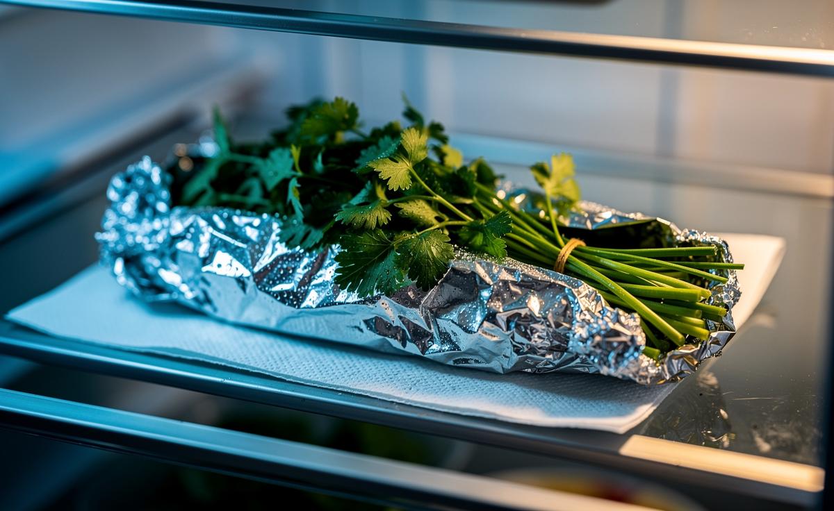 Illustration of fresh parsley, coriander, and chives wrapped in aluminium foil with a paper towel layer to keep them crisp for weeks
