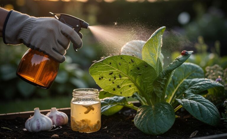 Illustration of garlic water being sprayed onto garden plants to repel aphids and whitefly