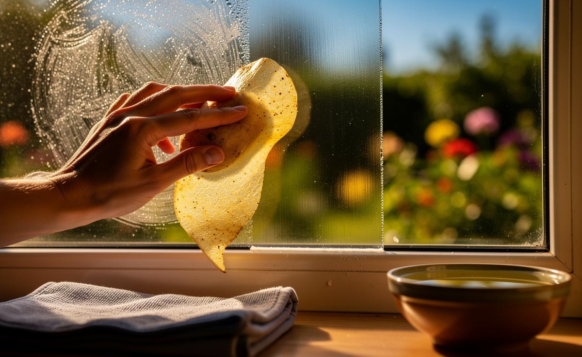 Illustration of a hand rubbing a raw potato peel on a window to remove smudges and achieve crystal-clear, streak-free glass