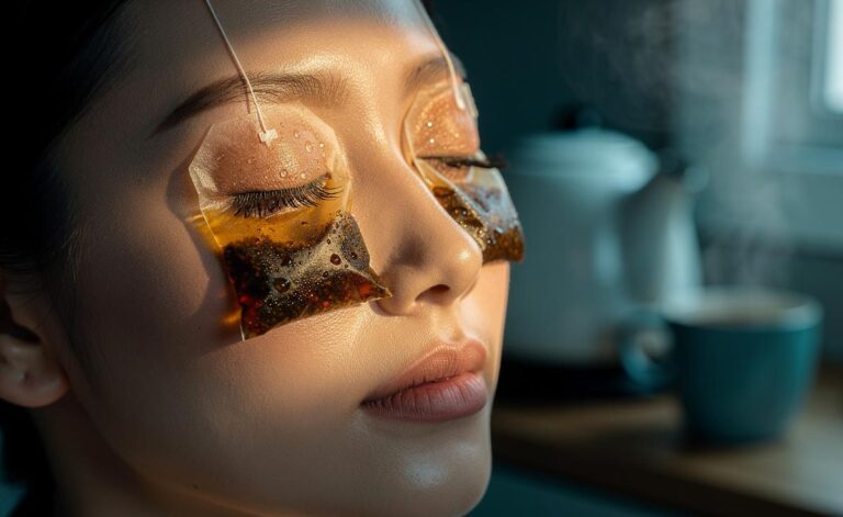 Illustration of chilled black tea bags applied to closed eyes to de-puff under-eyes as tannins tighten skin in minutes